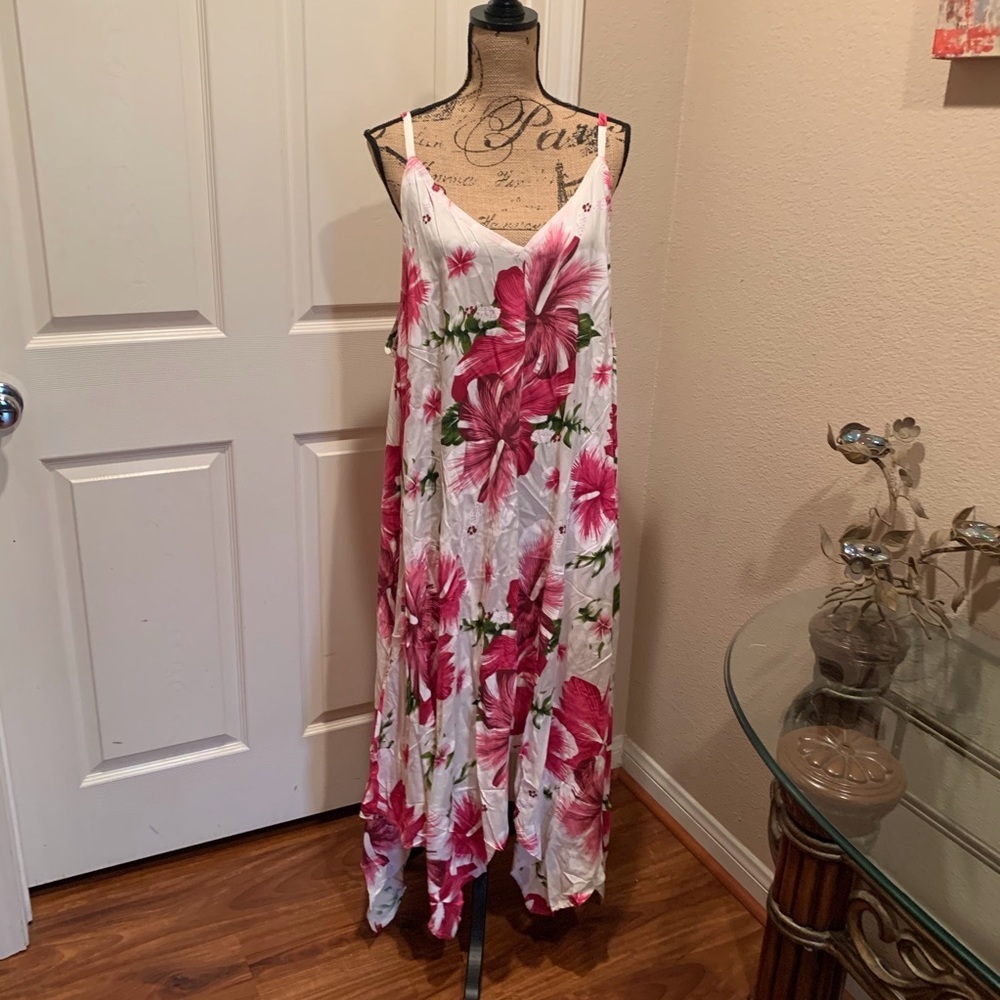 Pink hibiscus floral print dress.